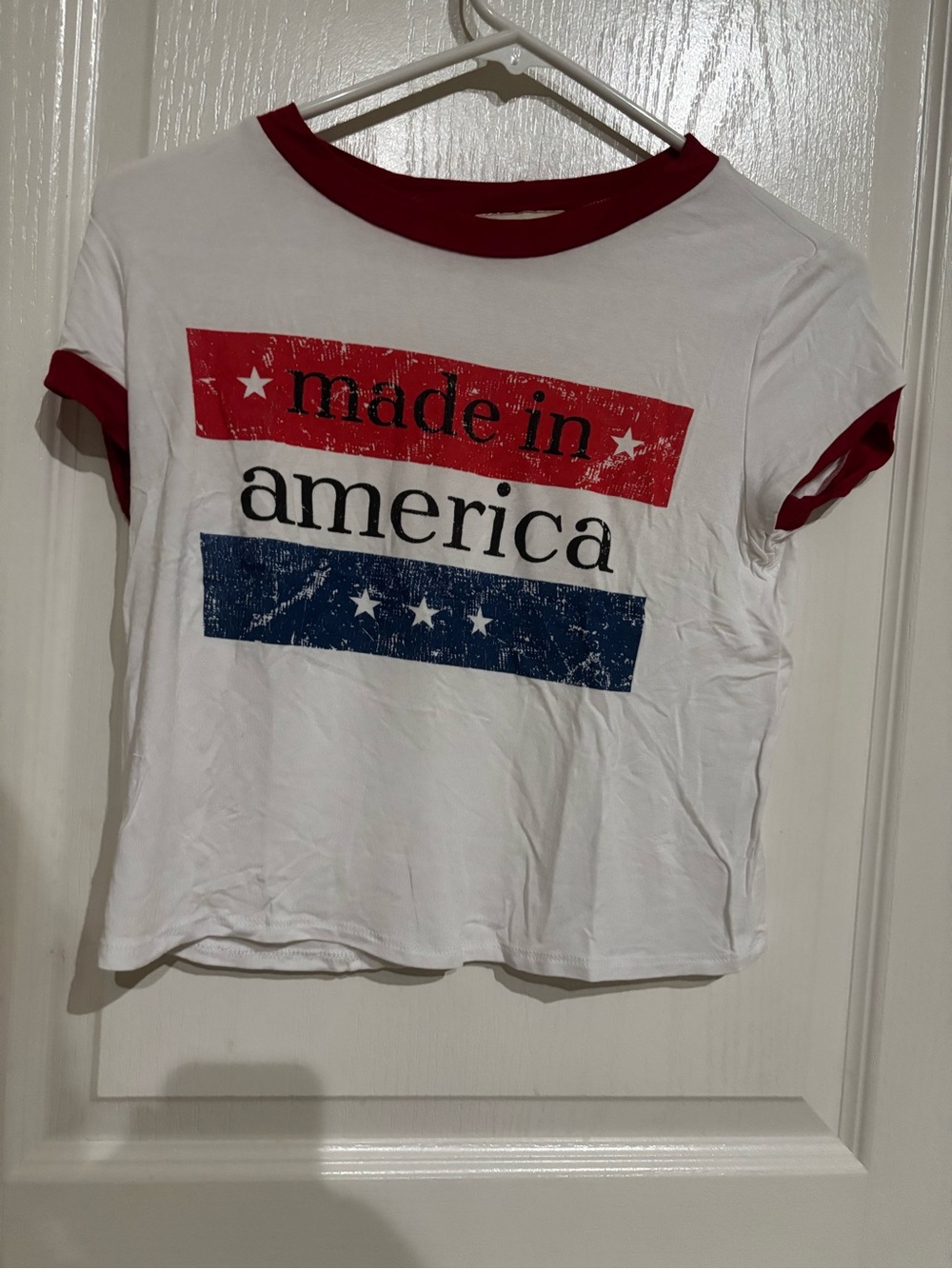 Women’s White Ringer Tee with Red Trim and Patriotic Graphic